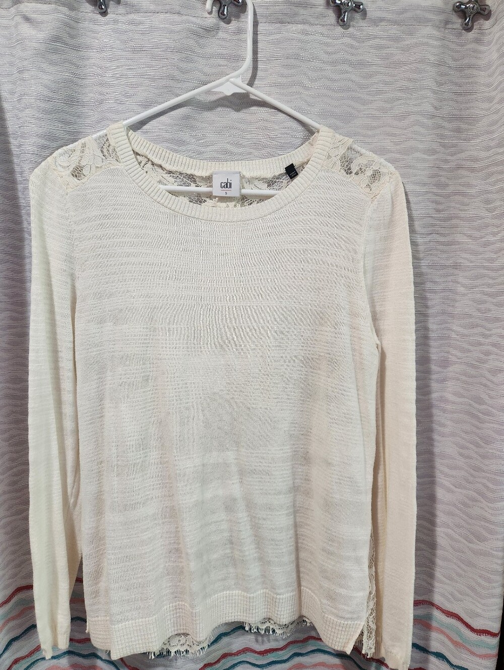 Cabi Ivory Lace-Detail Long Sleeve Pullover